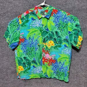 Jams World Sea Flower Shirt Mens XL Green Hawaiian Rayon Art To Wear 80s Vtg USA